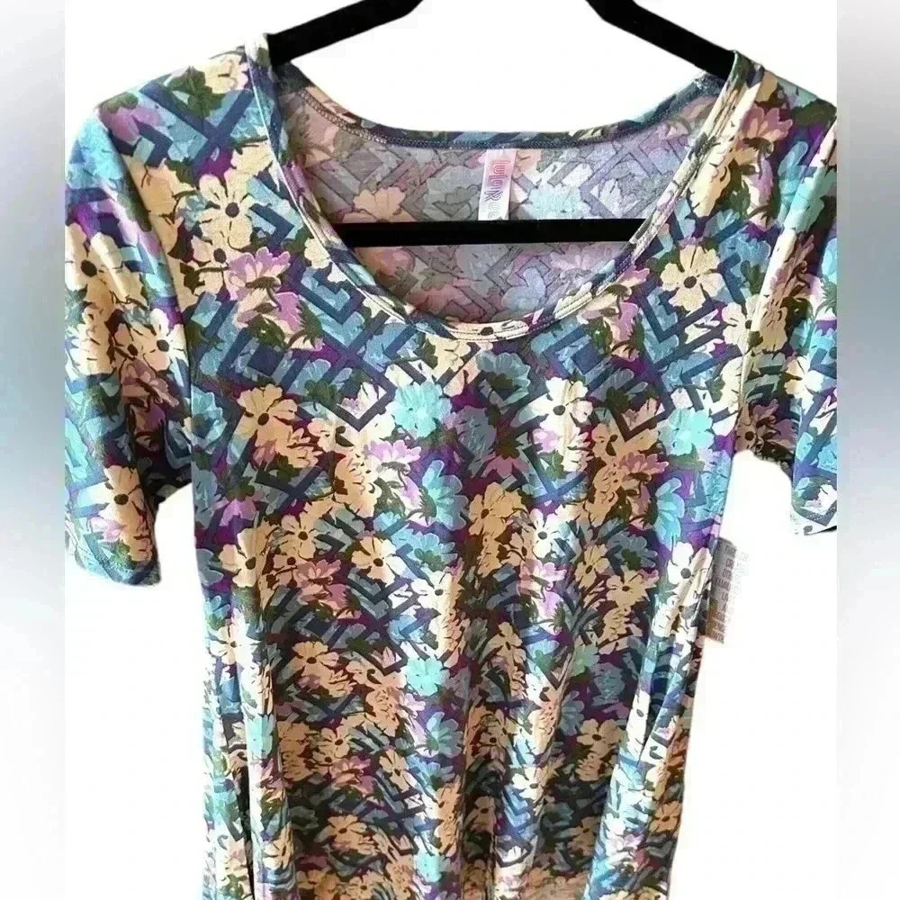 Lularoe turquoise & purple floral XXS Perfect T. Pattern on pattern..NWT